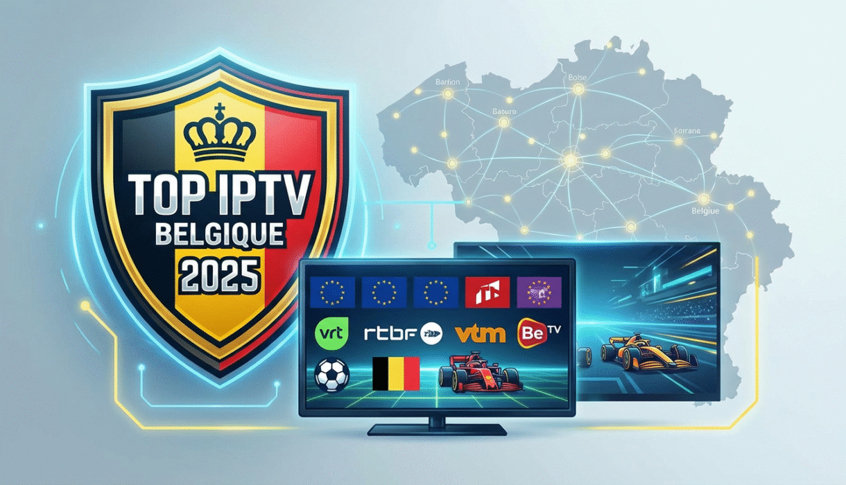 Logo IPTV lumineux sur un fond numérique du drapeau belge, illustrant le guide du top IPTV Belgique 2025.
